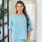 Linen Wide Mid Sleeve Top - Splendid Iris