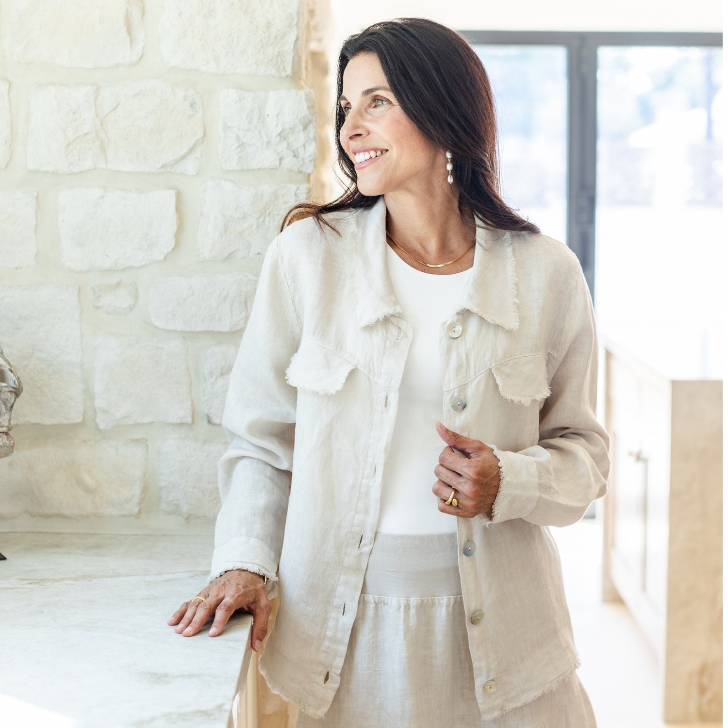 Linen Button Jacket|Top w/Fraying - Splendid Iris
