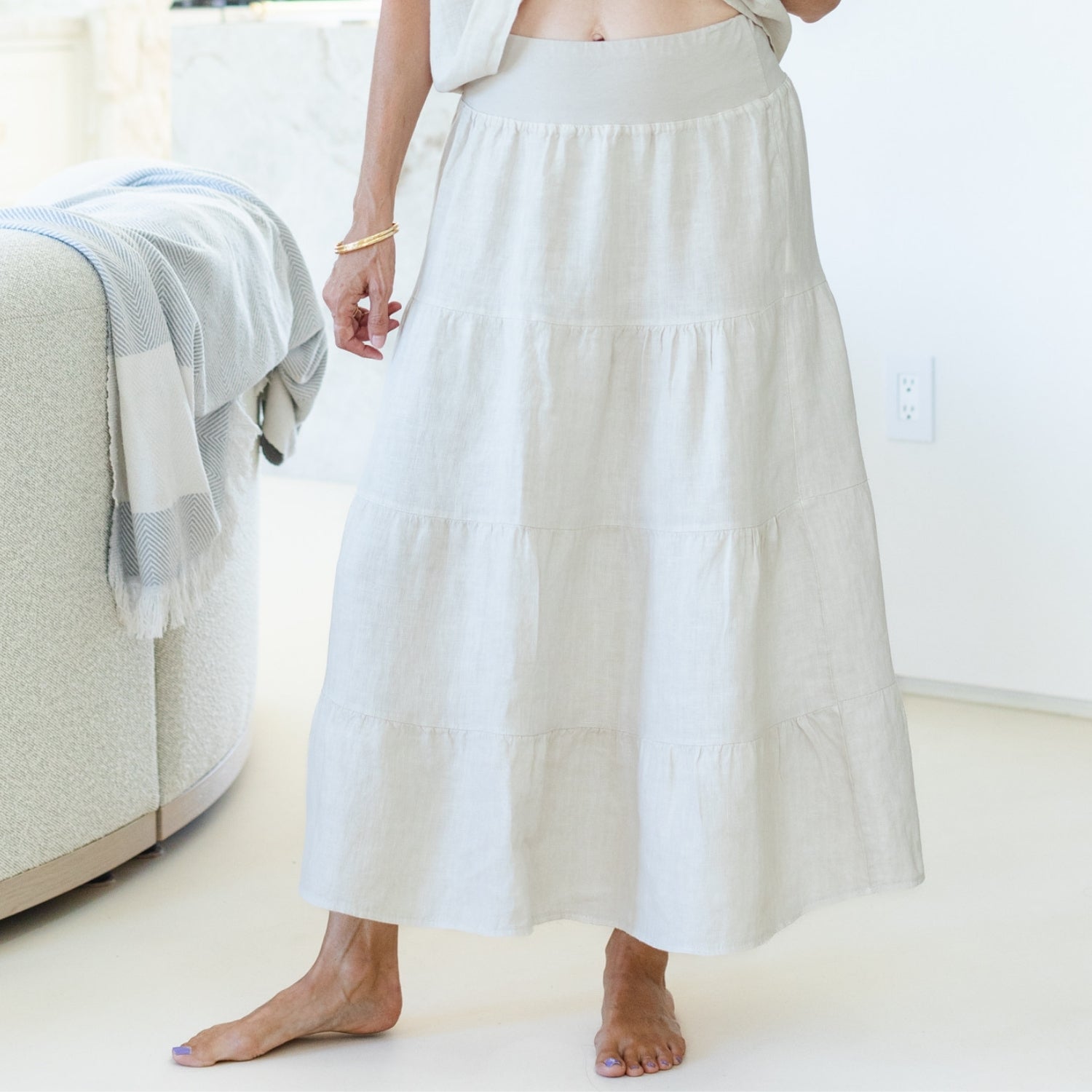 Linen Long Tiered Skirt - Splendid Iris