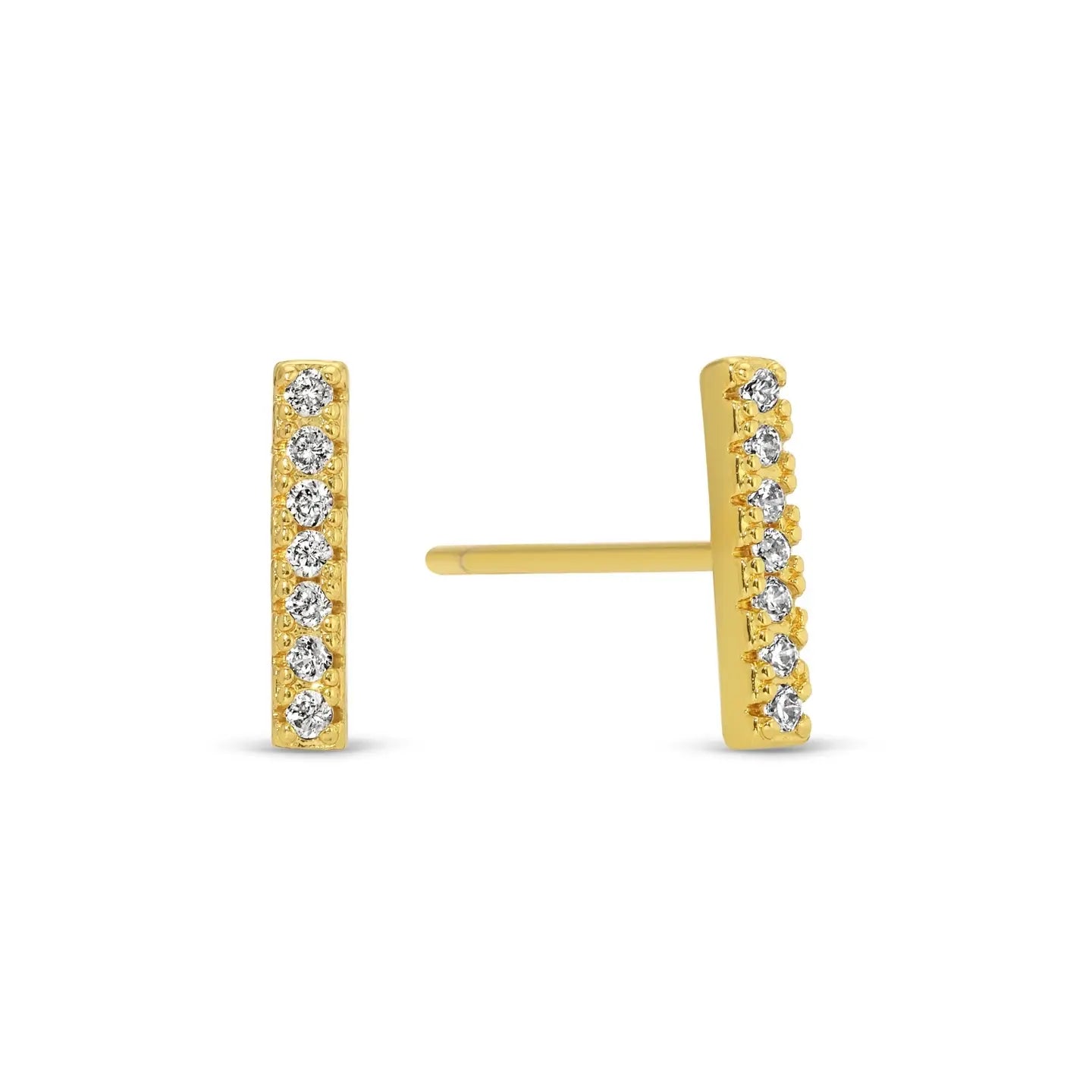 Gold earrings with small diamonds on a white background
