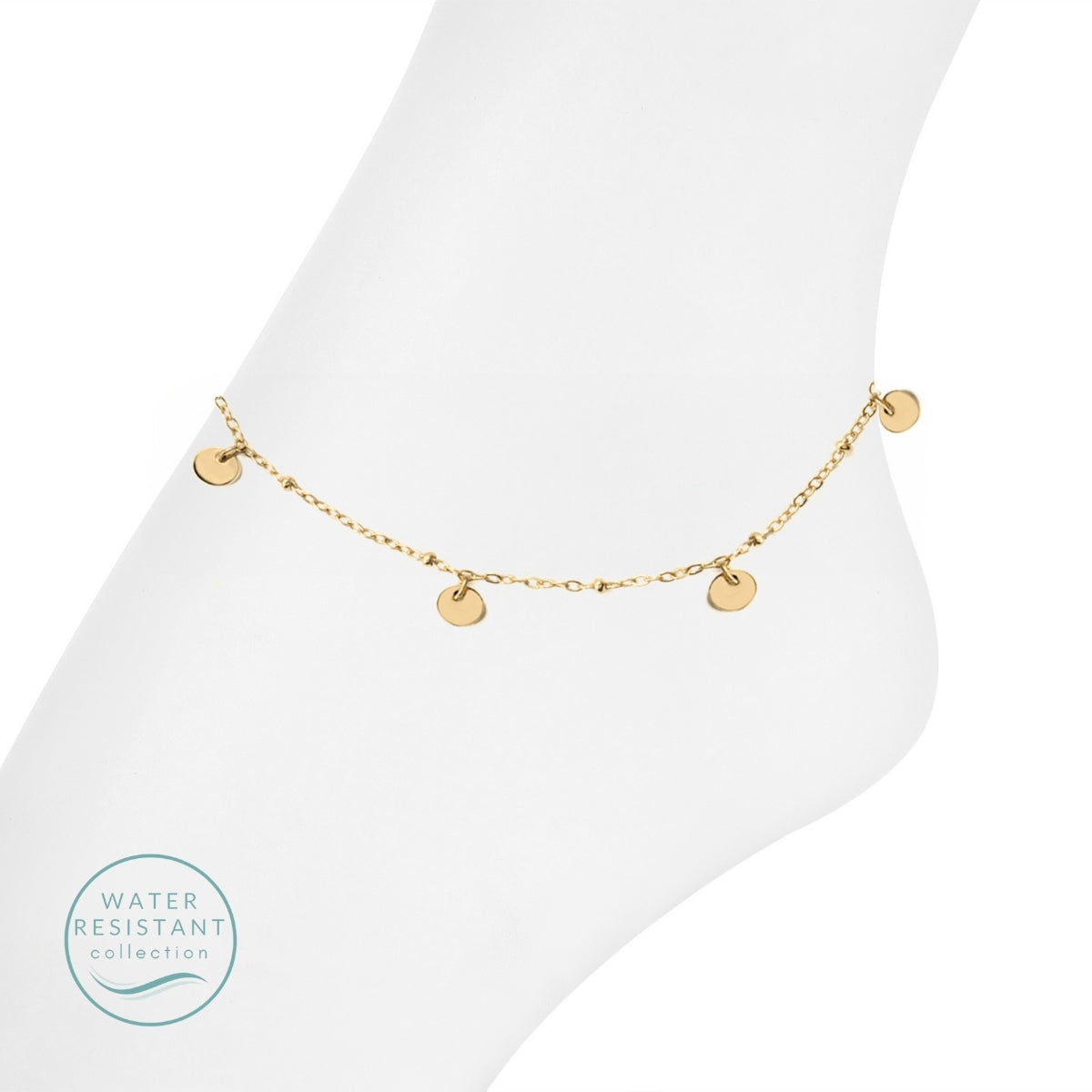 Gold anklet on a white background with 'Water Resistant' label.
