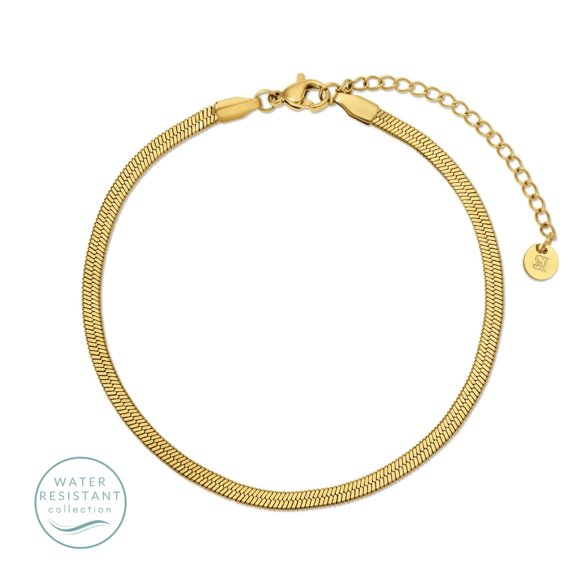 Gold bracelet on a white background with 'Water Resistant' label.