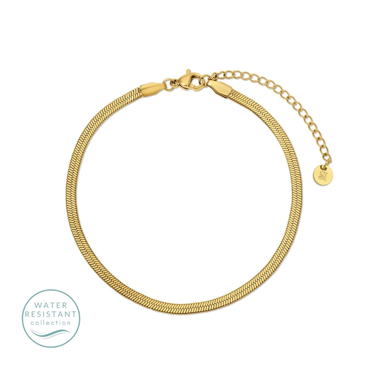 Gold bracelet on a white background with 'Water Resistant' label.