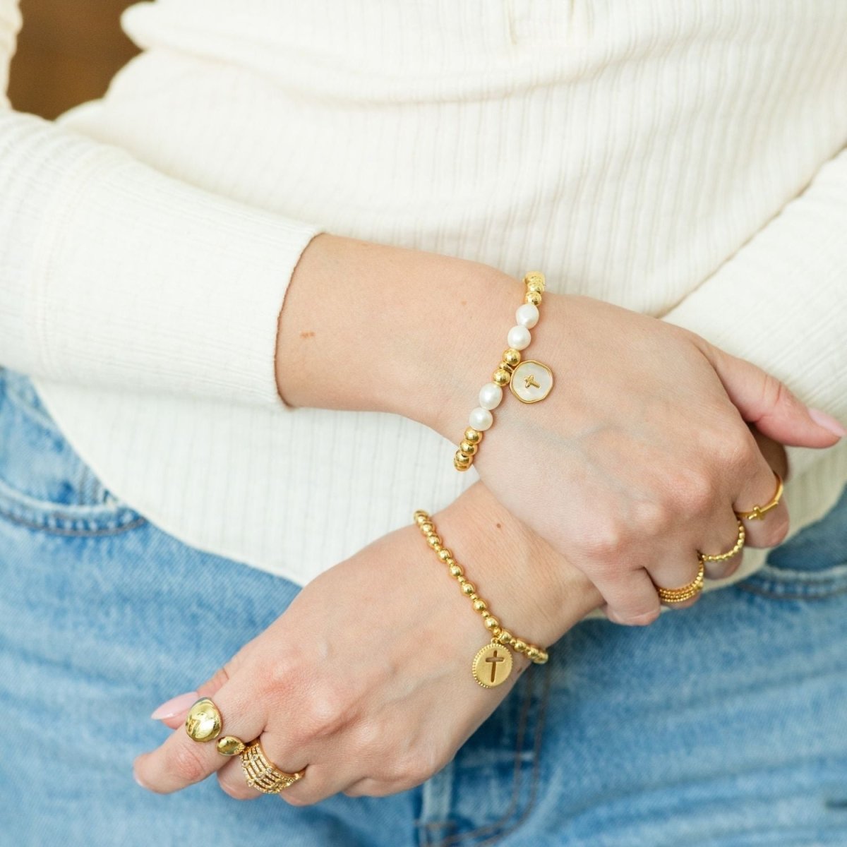 Cross + Pearls Stretch Charm Bracelet - Splendid Iris