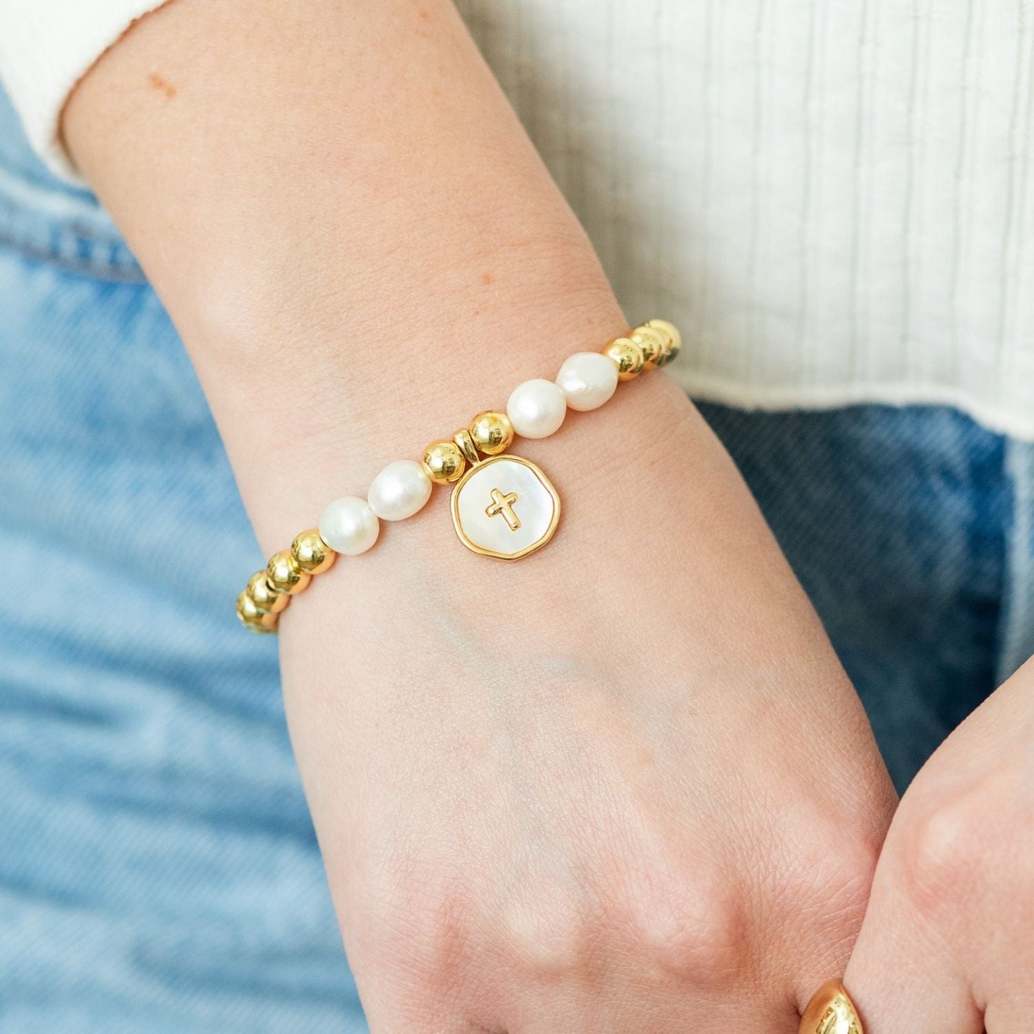Cross + Pearls Stretch Charm Bracelet - Splendid Iris