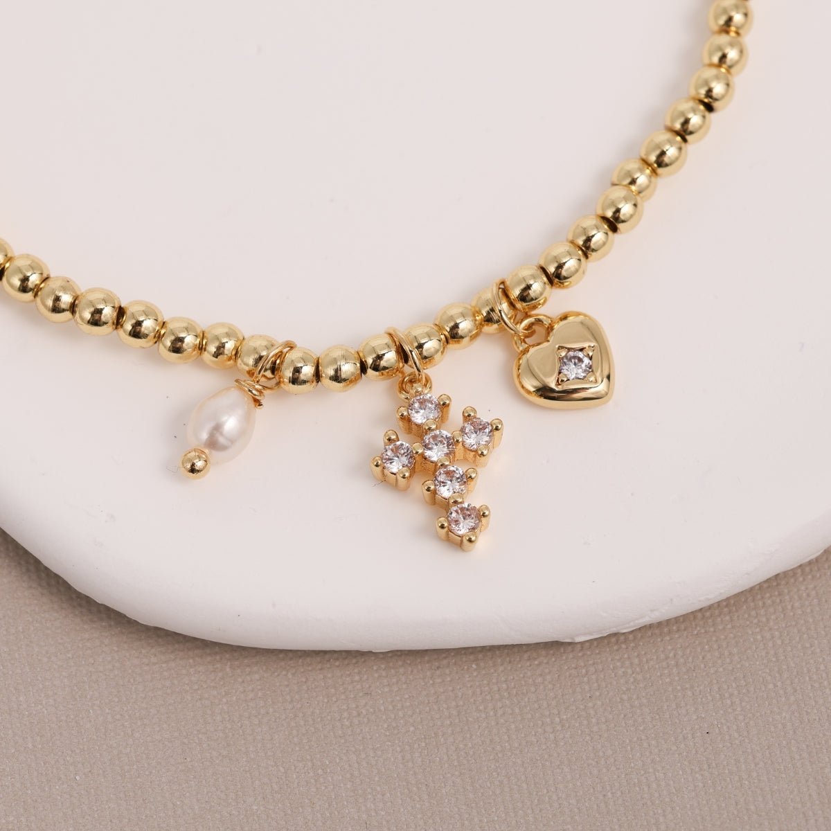 Gold Cross and Heart Charm Beaded Stretch Bracelet - Splendid Iris