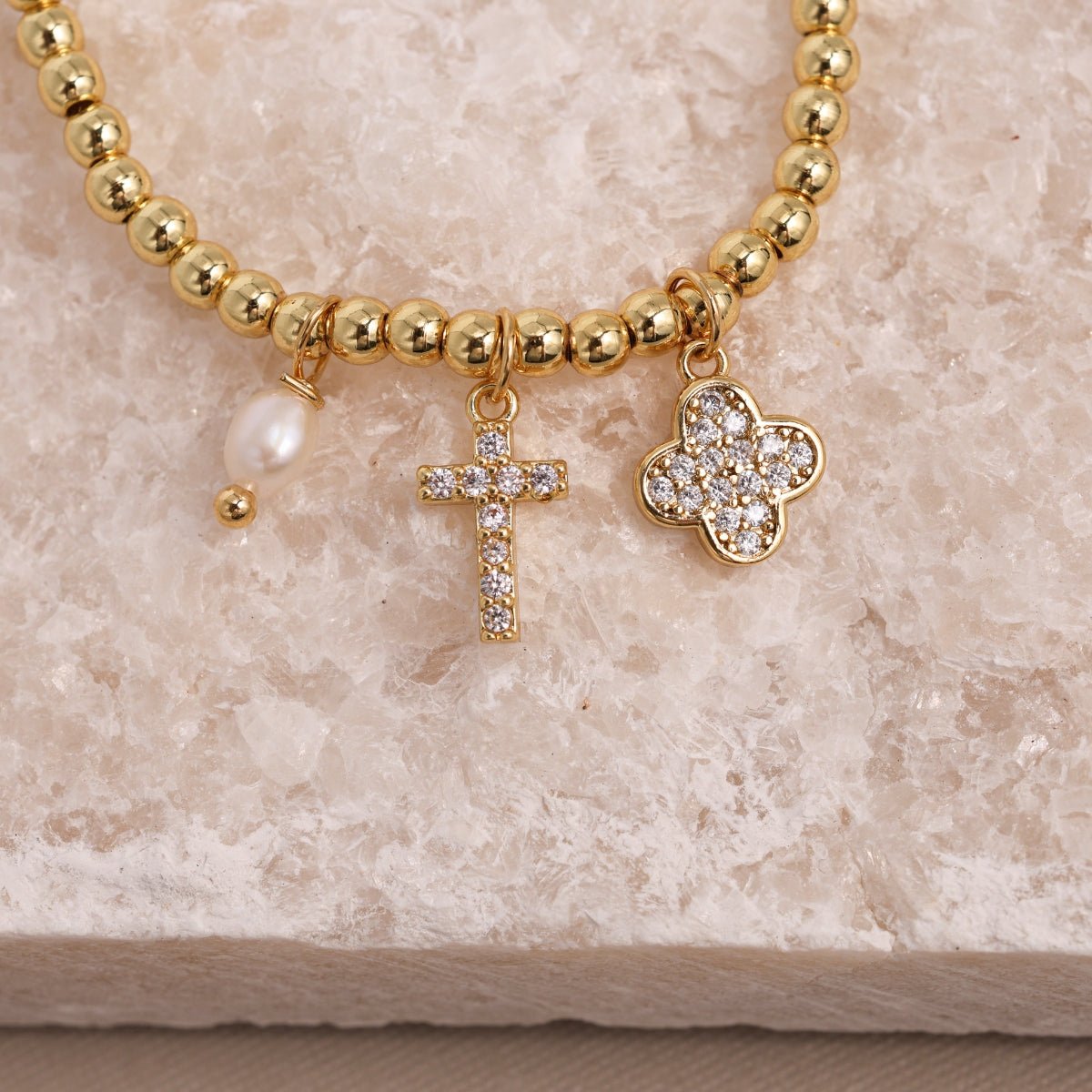 Classic Cross and Quatrefoil Charm Stretch Bracelet - Splendid Iris