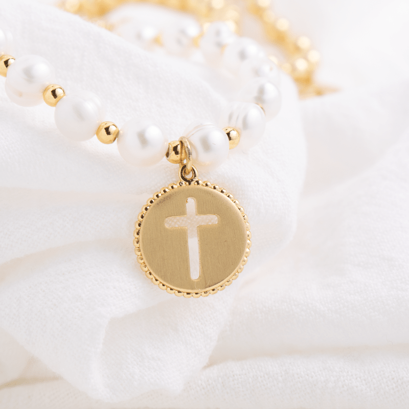 Pearl with Cross Bracelet - Splendid Iris