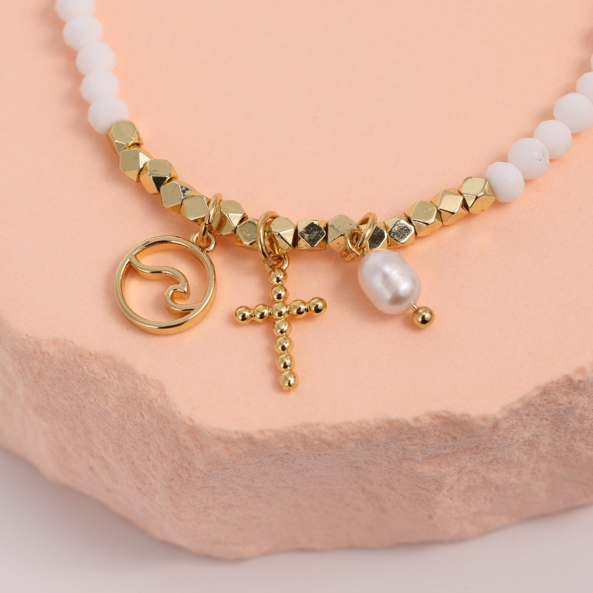 The Sacred Sea Stretch Bracelet with Wave and Cross