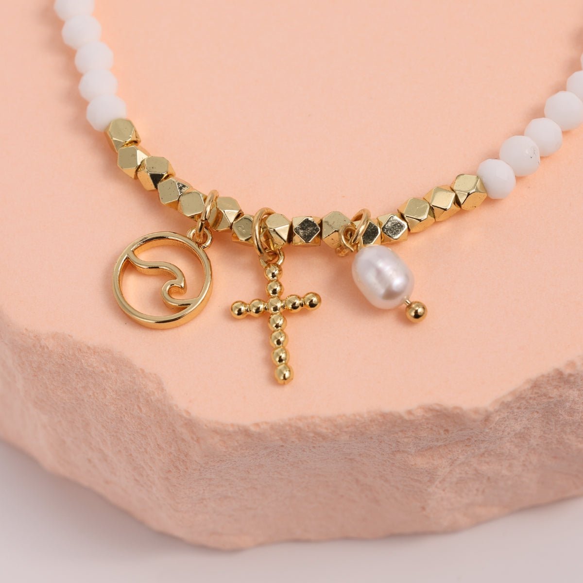 The Sacred Sea Stretch Bracelet with Wave and Cross Charm - Splendid Iris