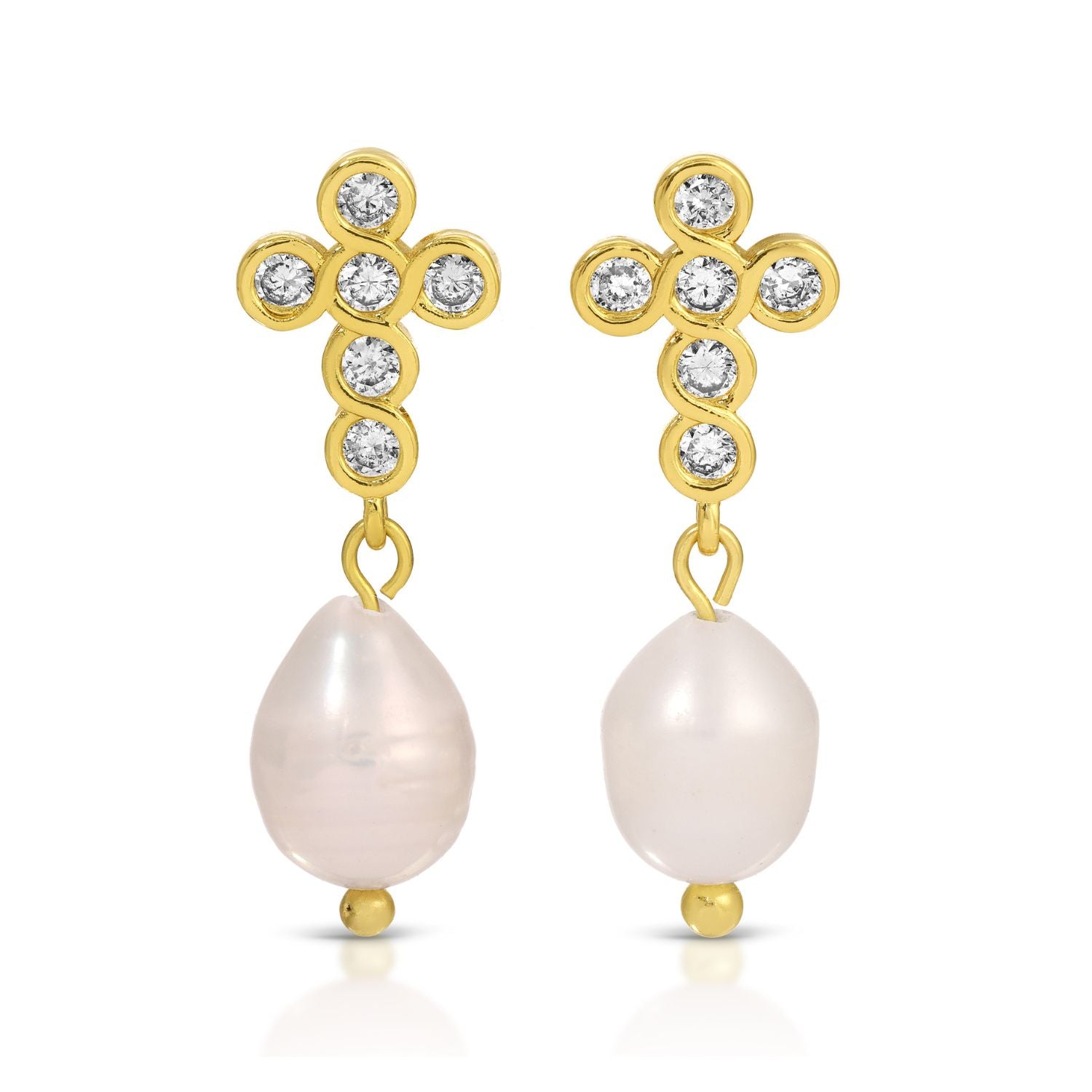 CZ Cross Pearl Drop Earrings - Splendid Iris