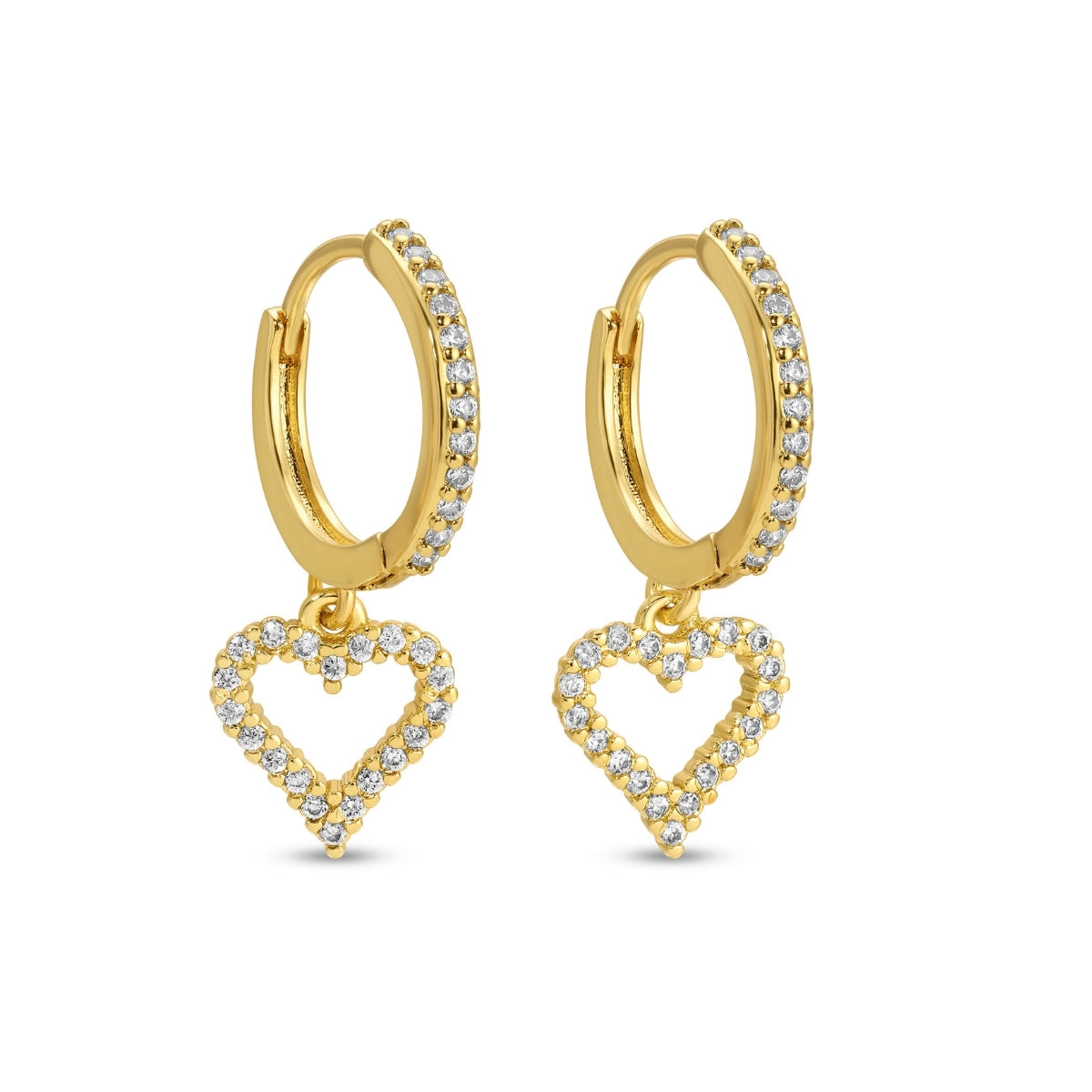 Gold hoop earrings with heart-shaped pendants on a white background