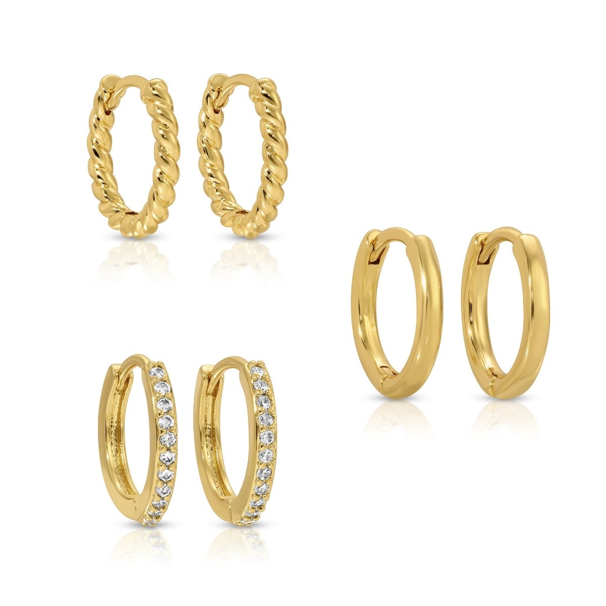 Set of 3 Huggies: Pavé, Plain & Twist - Splendid Iris