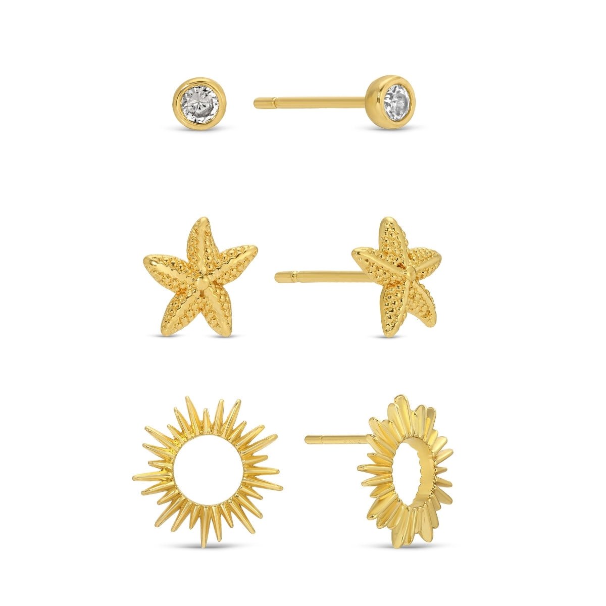 The Sun & Sea Trio | Starfish, Sunburst, and CZ Stud Set - Splendid Iris