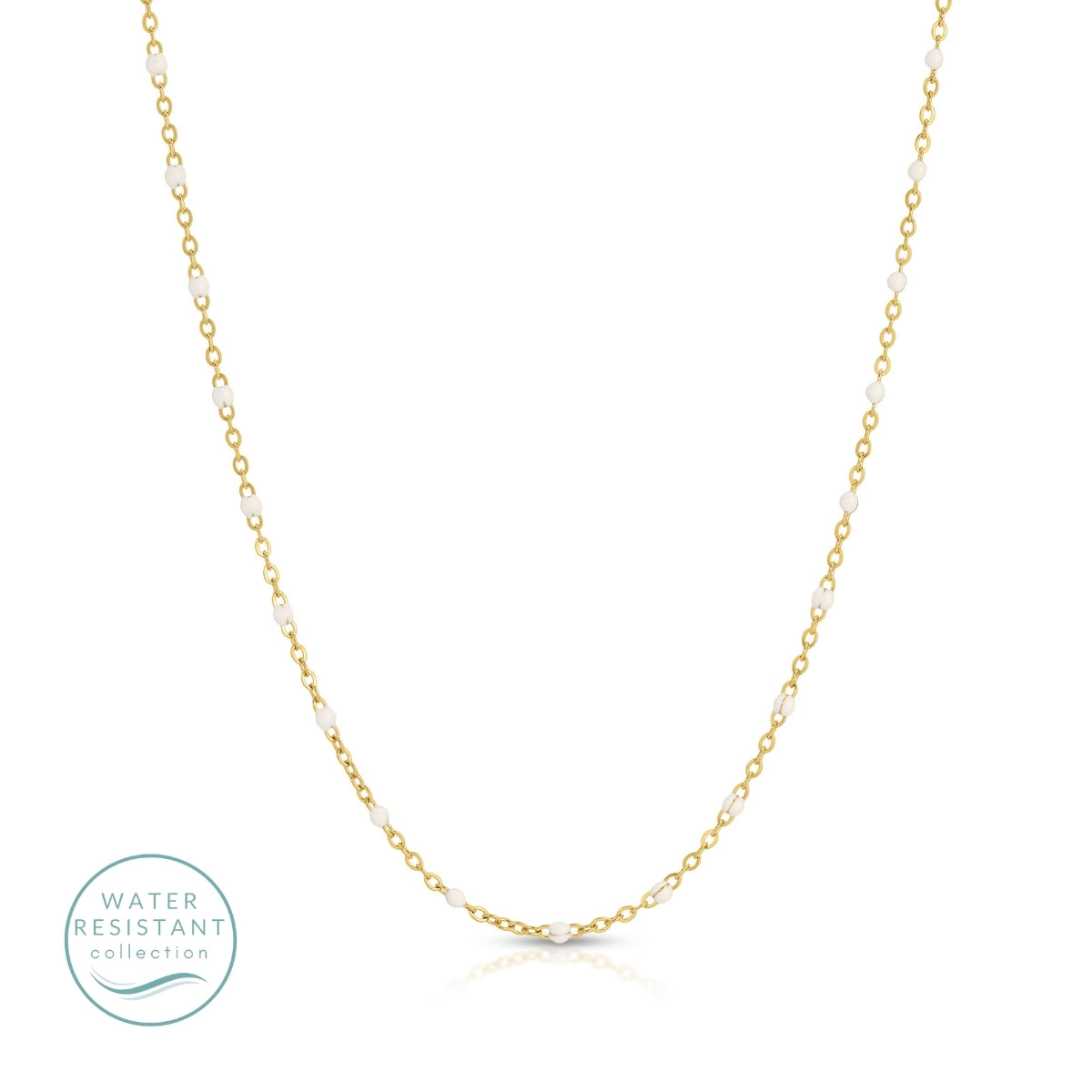 Gold chain necklace on a white background with 'Water Resistant' collection label.