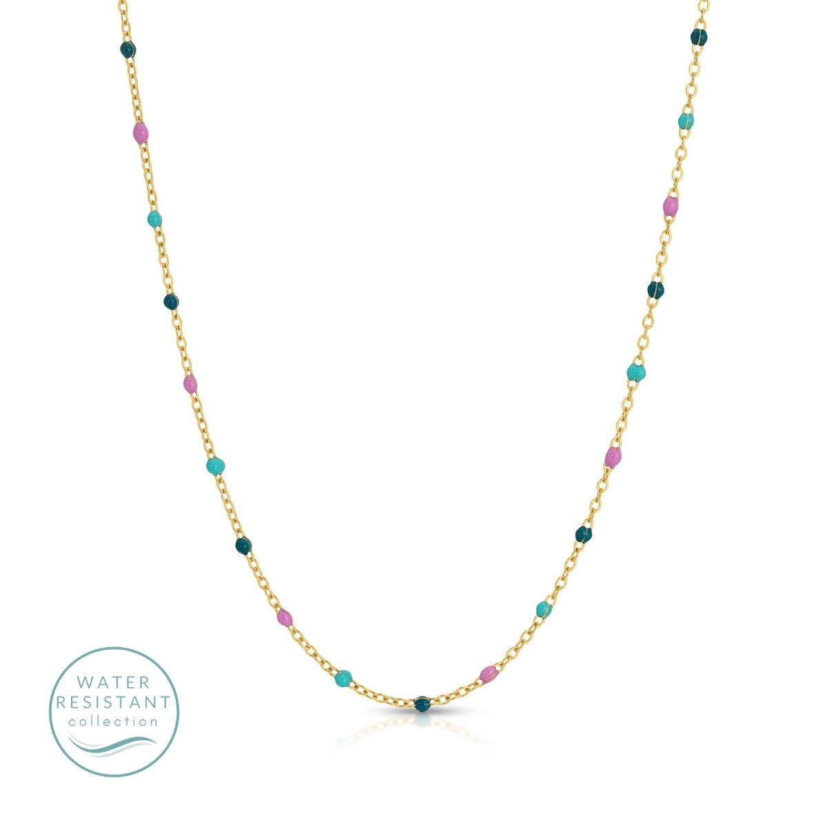 Gold necklace with colorful beads on a white background, featuring 'Water Resistant' collection logo.