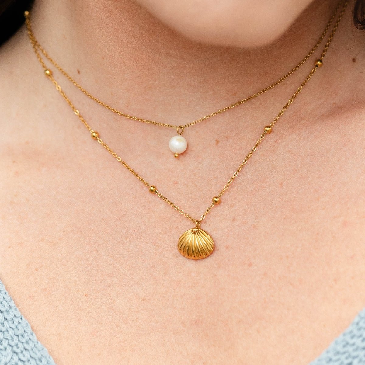 Layered Shell & Pearl Necklace, Water-Resistant - Splendid Iris