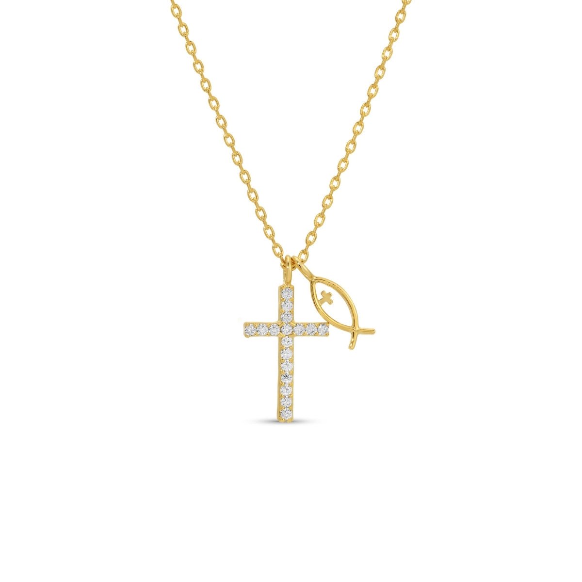 Cubic Zirconia Cross Necklace with Ichthus Fish Charm - Splendid Iris