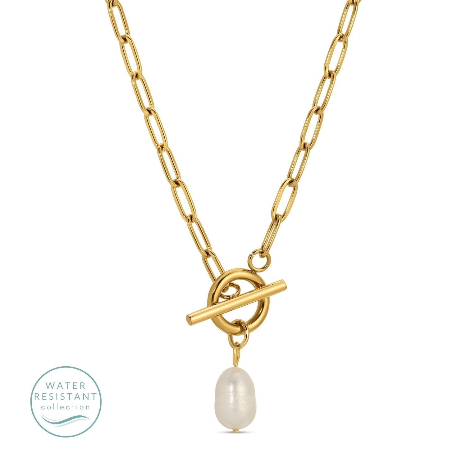 Toggle Water Resistant Paperclip Necklace with Pearl - Splendid Iris