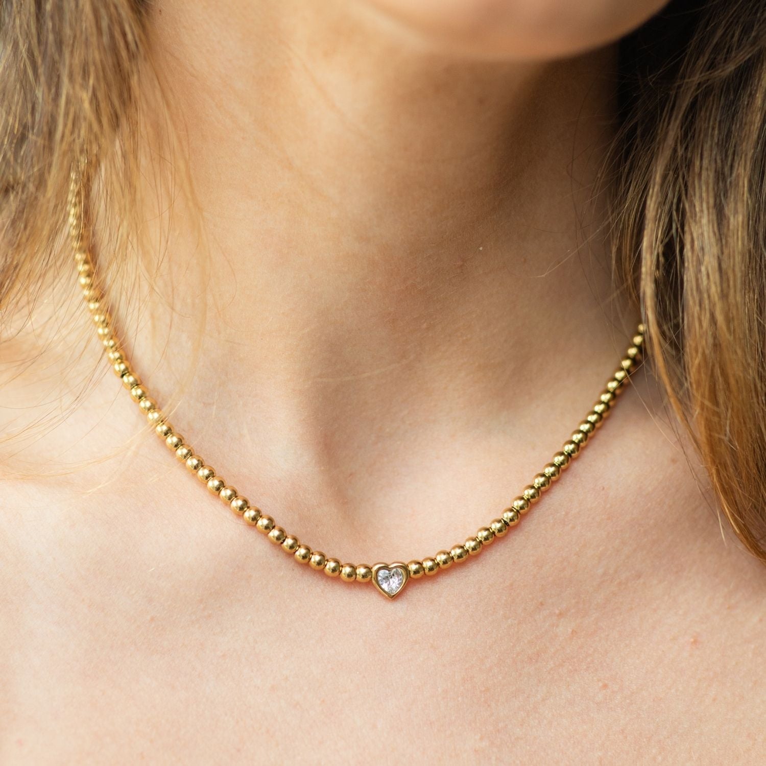 Beaded Heart Faux Diamond Necklace, Water Resistant - Splendid Iris