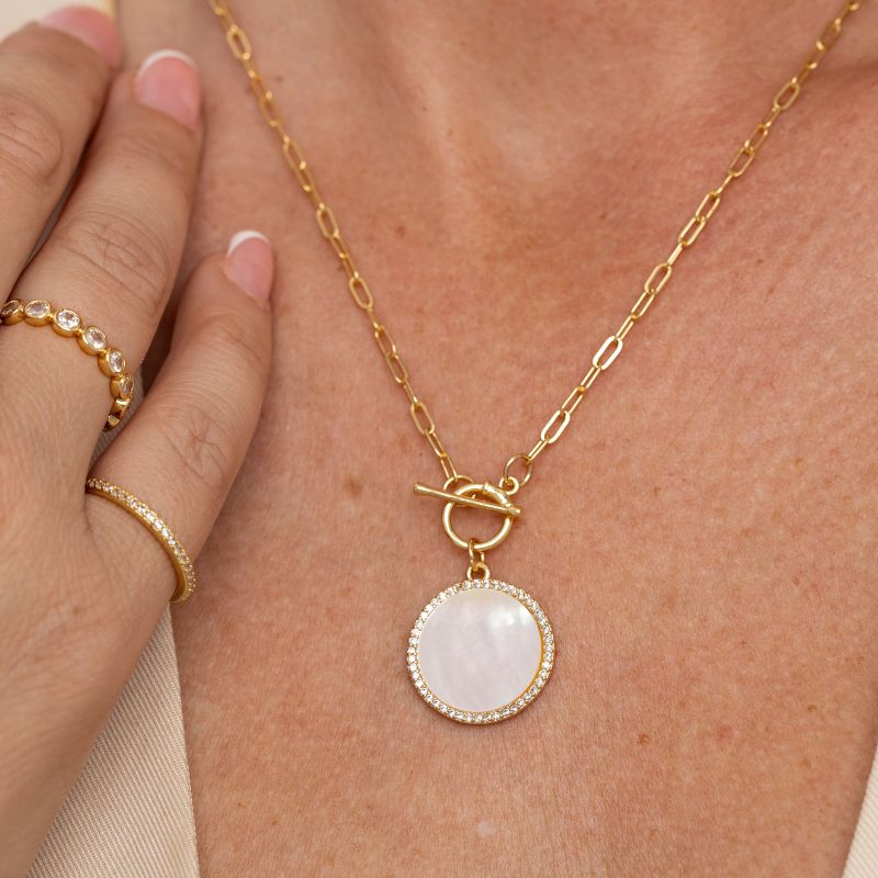 Mother of Pearl Pavé Circle Toggle Necklace - Splendid Iris