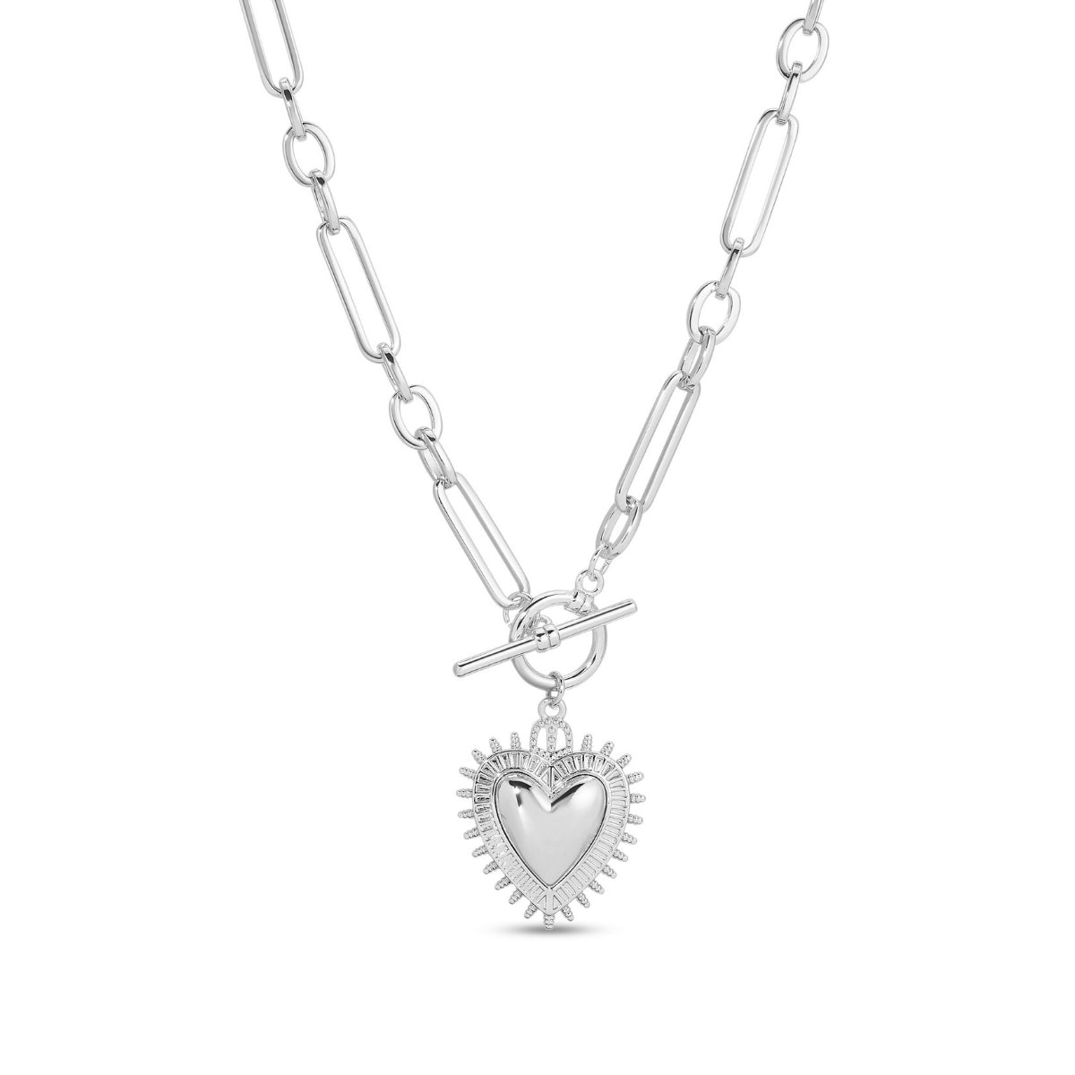 Silver heart-shaped pendant on a chain with a clasp against a white background