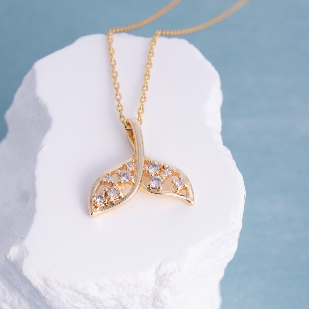 Sparkling Whale Tail Outline Necklace with CZ Accents - Splendid Iris