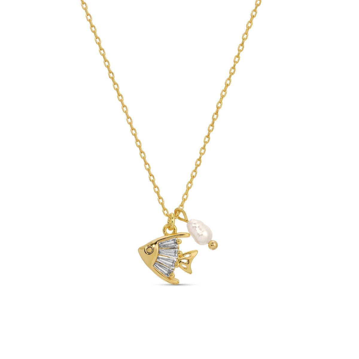 CZ Fish Pendant Necklace with Freshwater Pearl - Splendid Iris