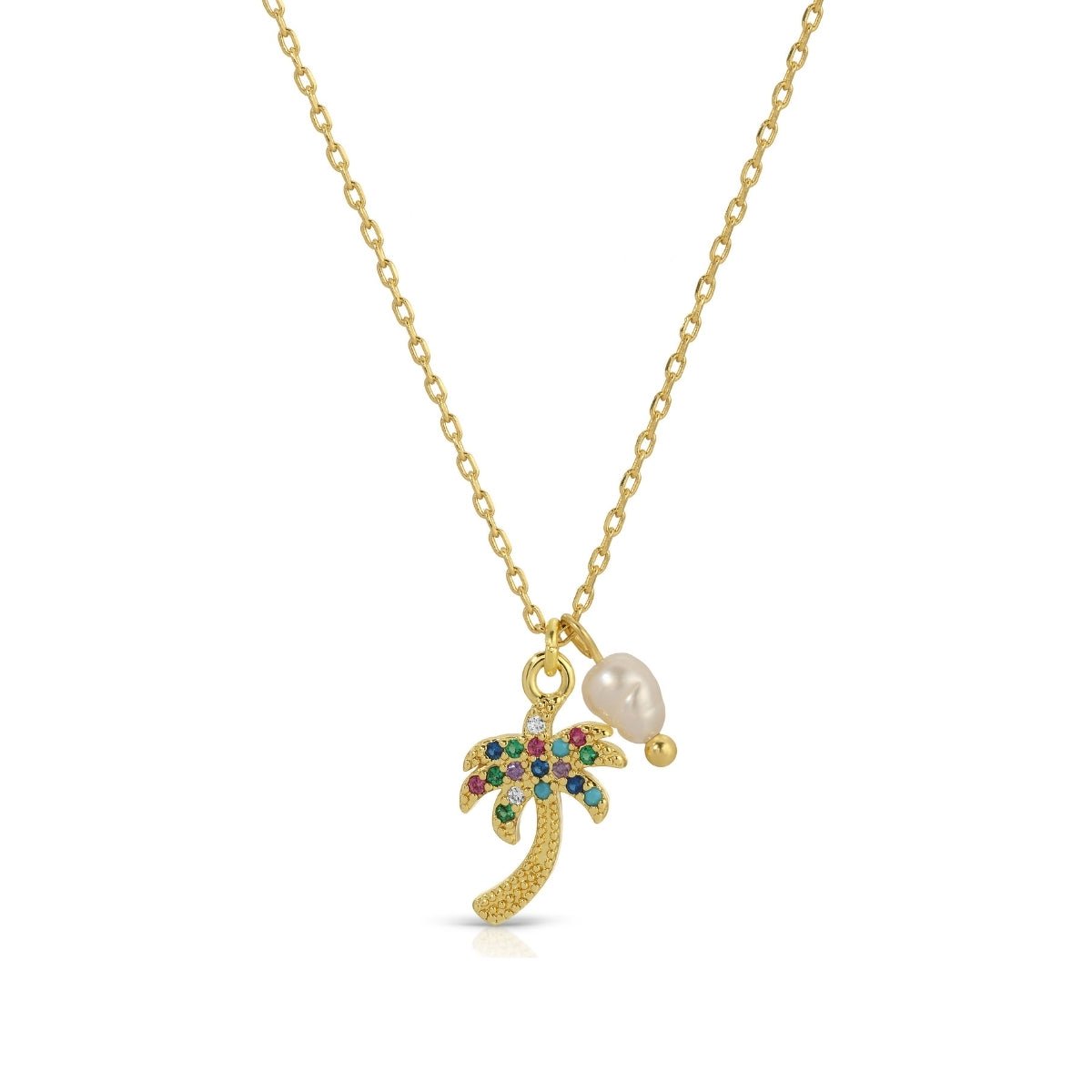 CZ Palm Tree Pendant Necklace with Freshwater Pearl - Splendid Iris