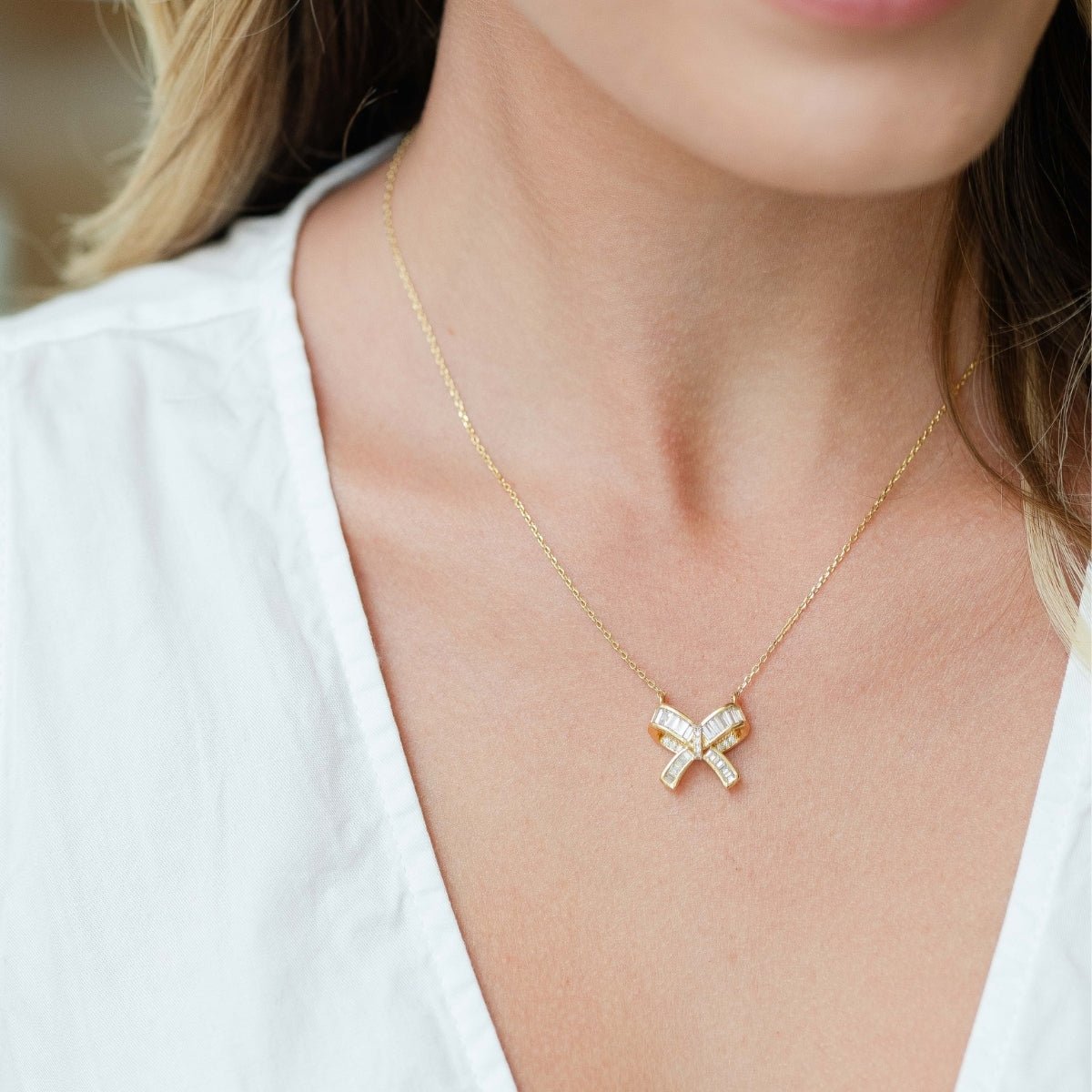 CZ Bow Pendant Necklace - Splendid Iris