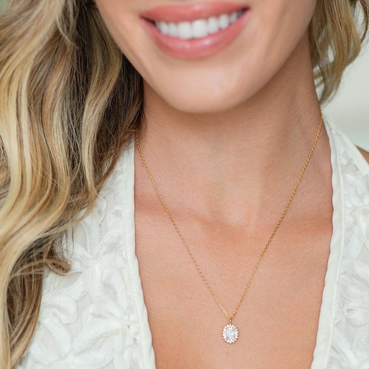 Timeless Oval Cubic Zirconia Halo Necklace - Splendid Iris