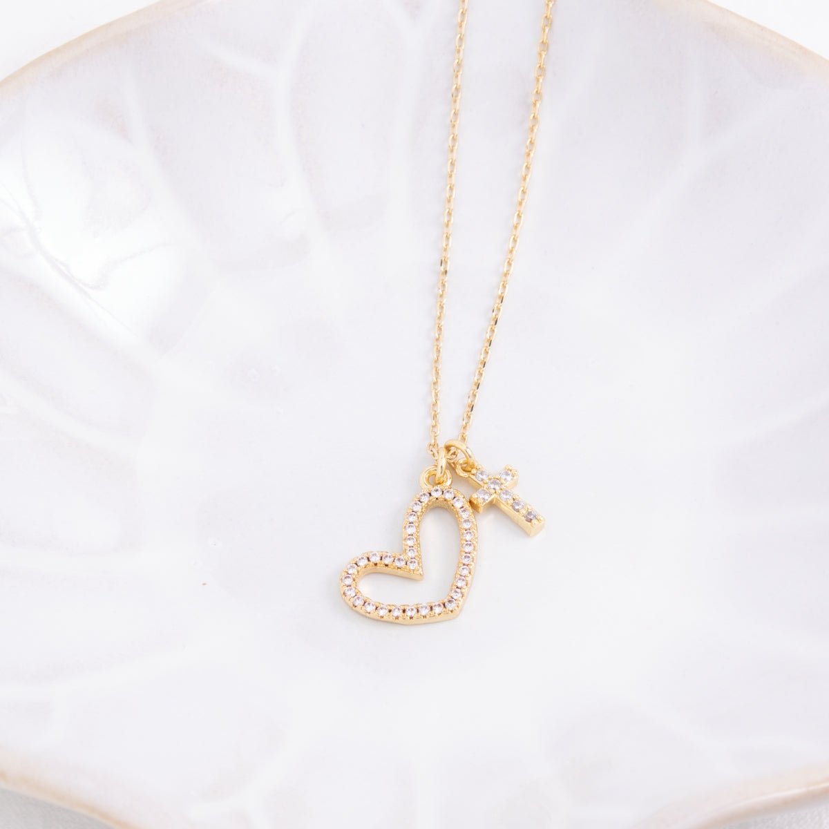 Pave Heart and Cross Pendant Necklace - Splendid Iris
