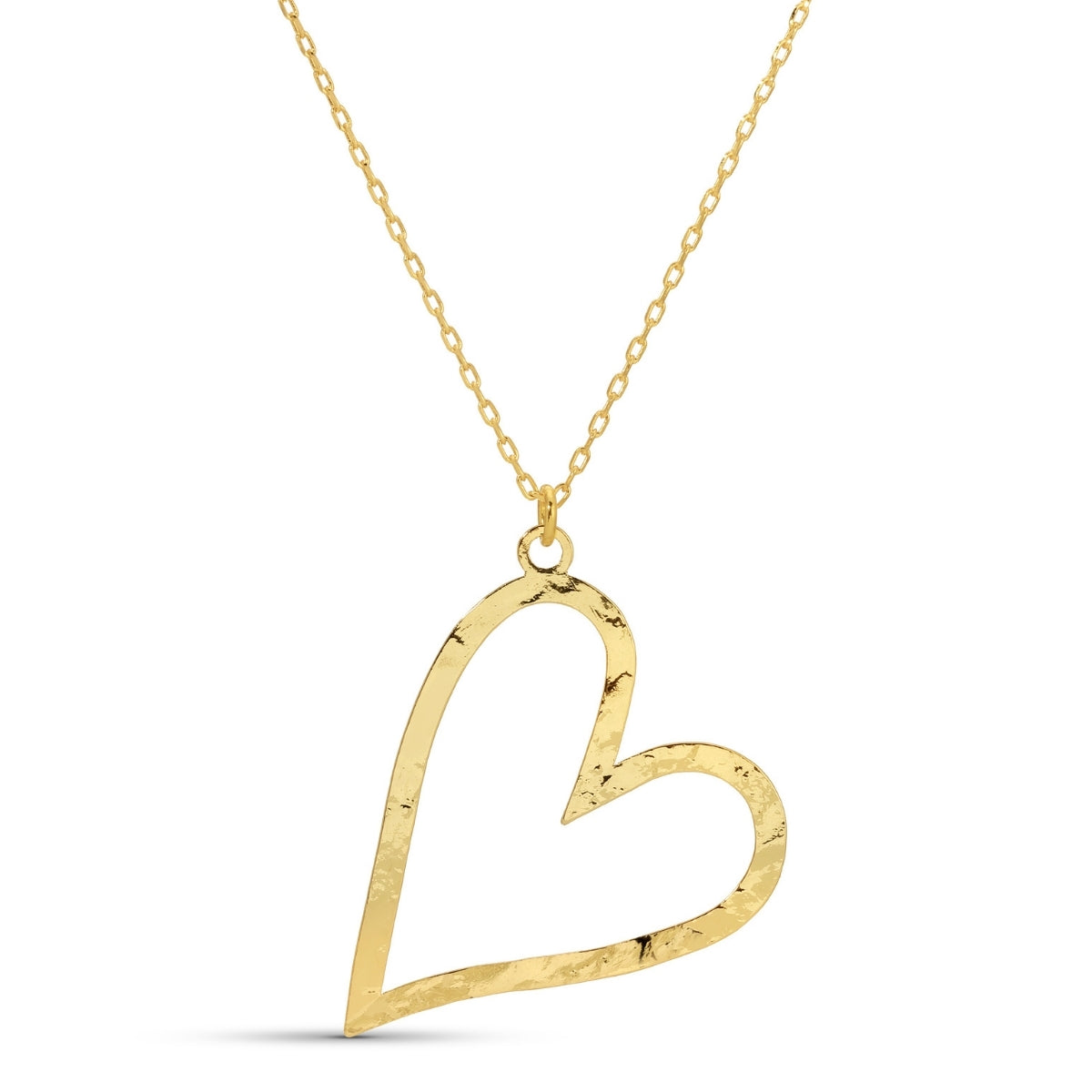 Gold heart-shaped pendant on a chain against a white background