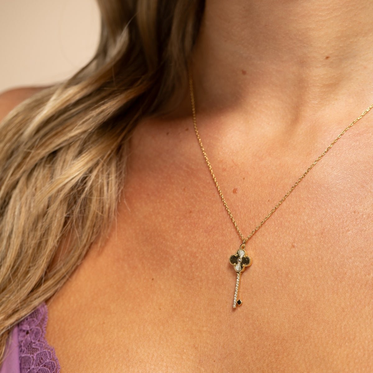 CZ & Quatrefoil Key Pendant Necklace - Splendid Iris