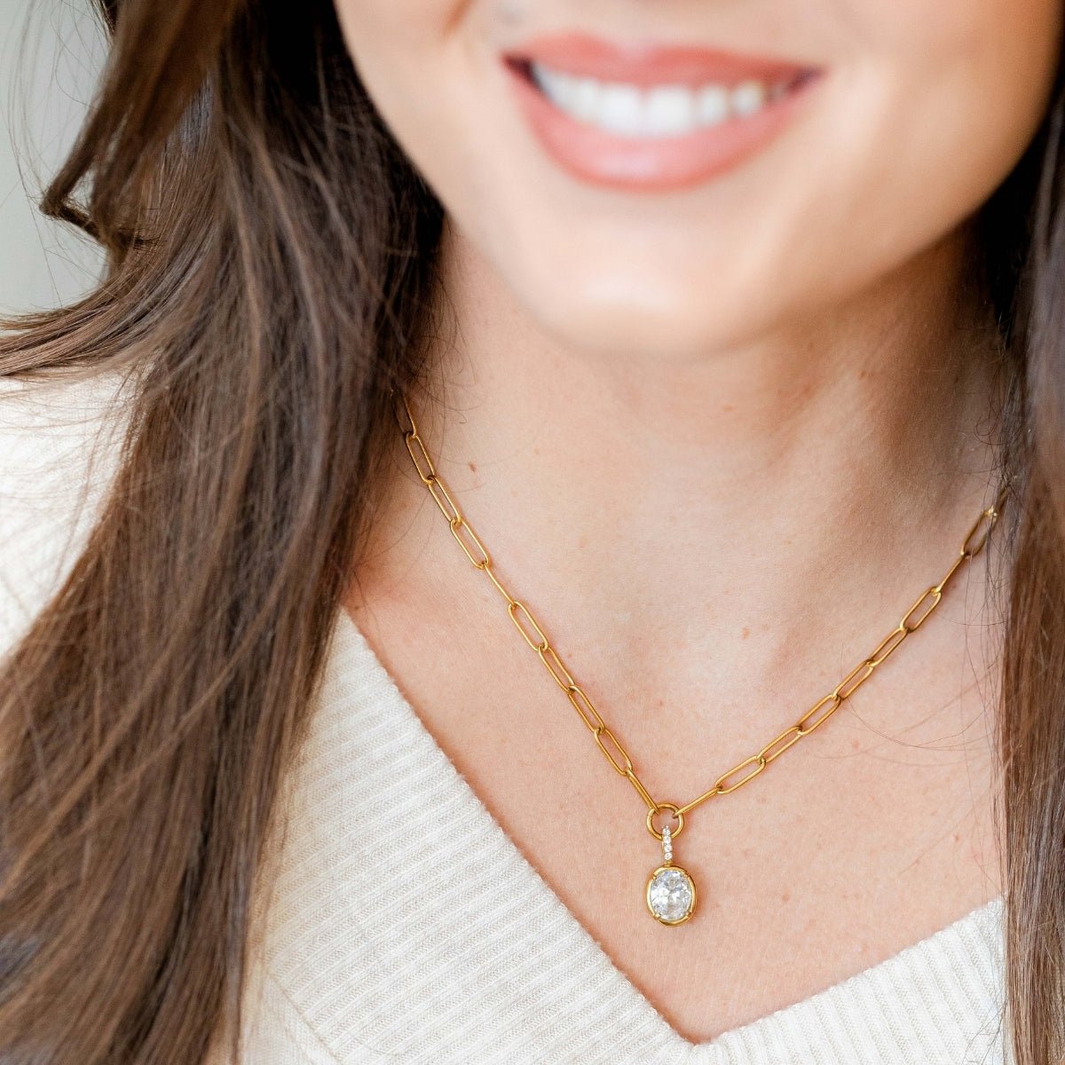 Large Cubic Zirconia Paperclip Necklace, Water-Resistant - Splendid Iris