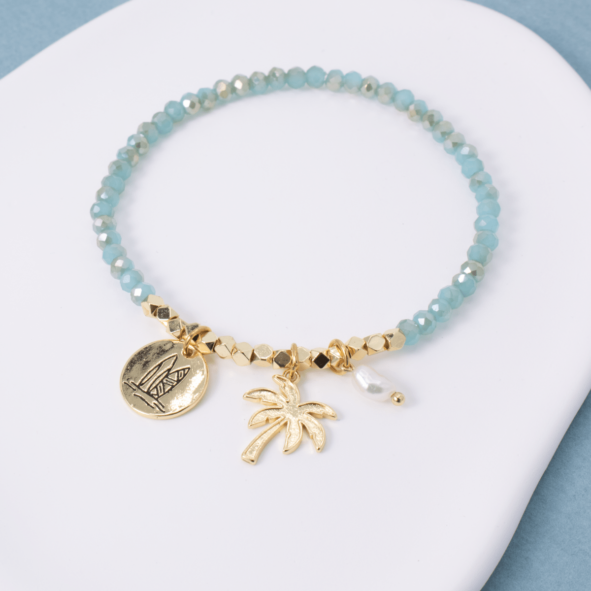 Surfboard and Palm Tree Stretch Charm Bracelet - Splendid Iris