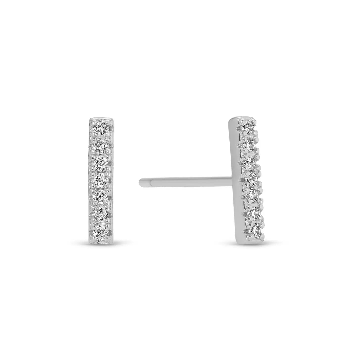 Silver earrings with small diamonds on a white background
