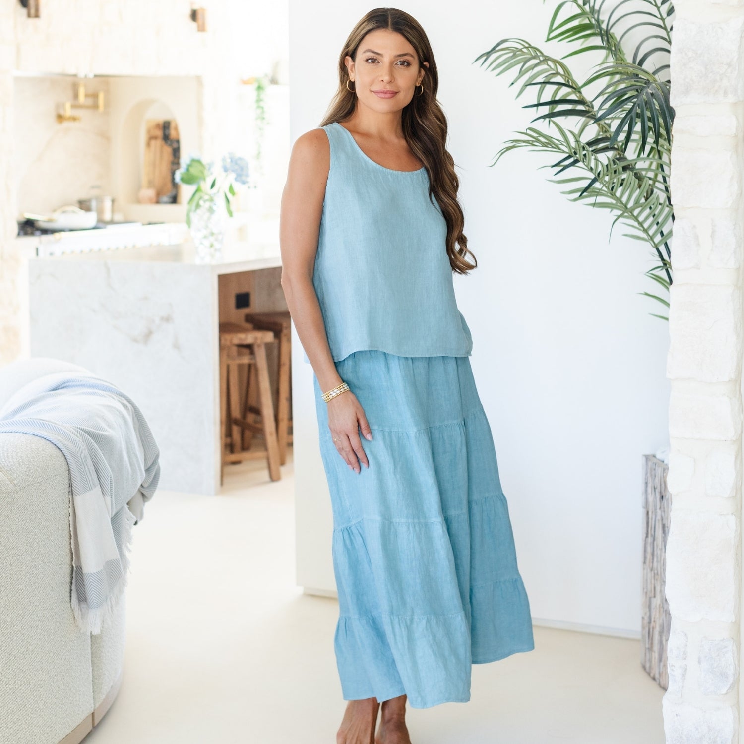 Linen Long Tiered Skirt - Splendid Iris