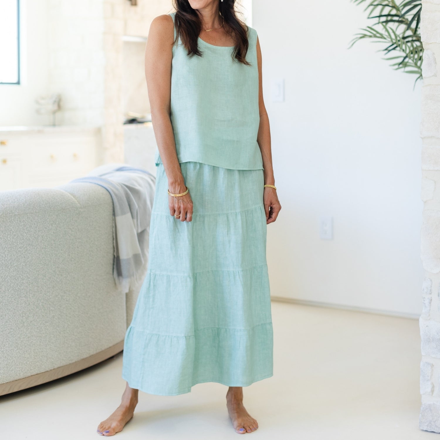 Linen Long Tiered Skirt - Splendid Iris