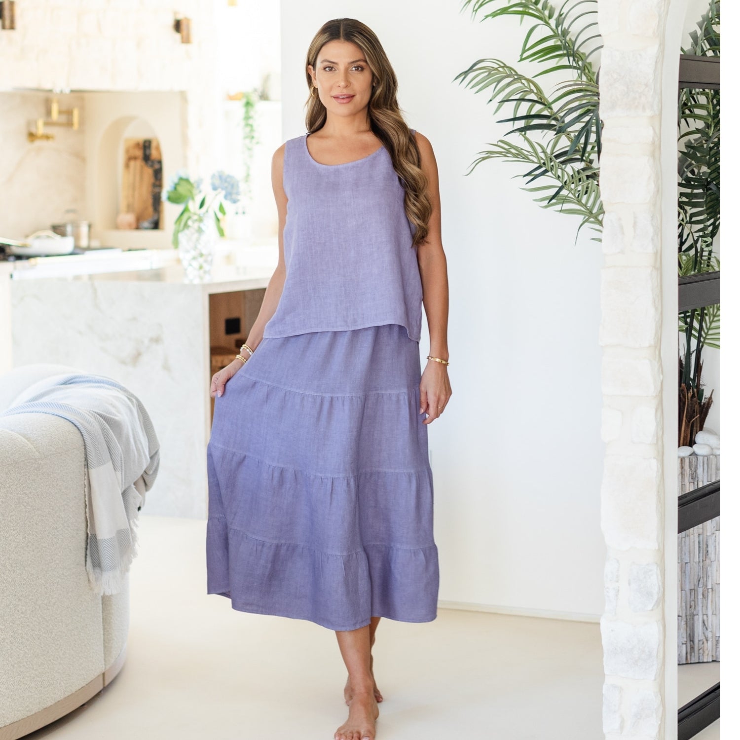 Linen Long Tiered Skirt - Splendid Iris