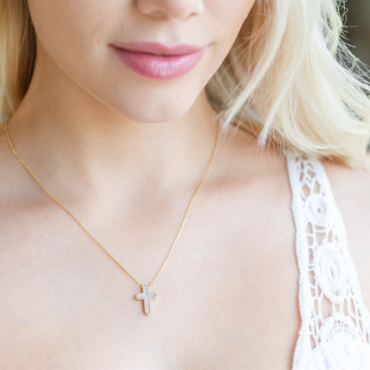 Feel the Faith Shell Pave Cross Necklace - Splendid Iris