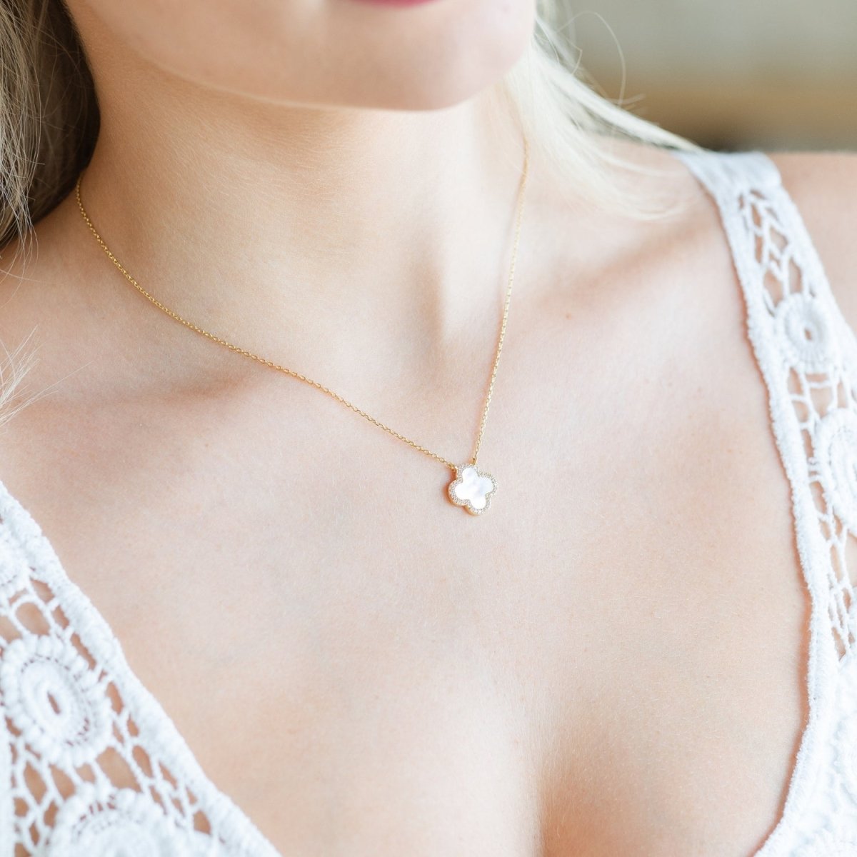 Good Fortune, Shell Pave Quatrefoil Necklace - Splendid Iris