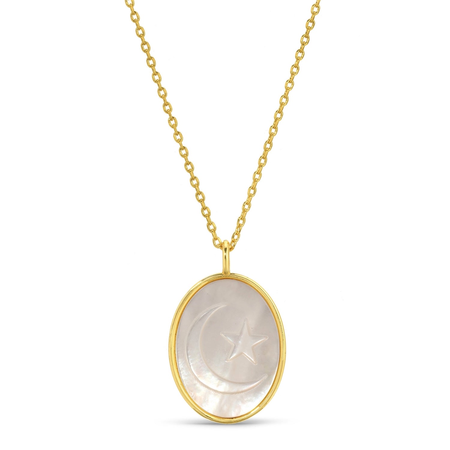Moon and Star Etched Shell Oval Pendant Necklace - Splendid Iris