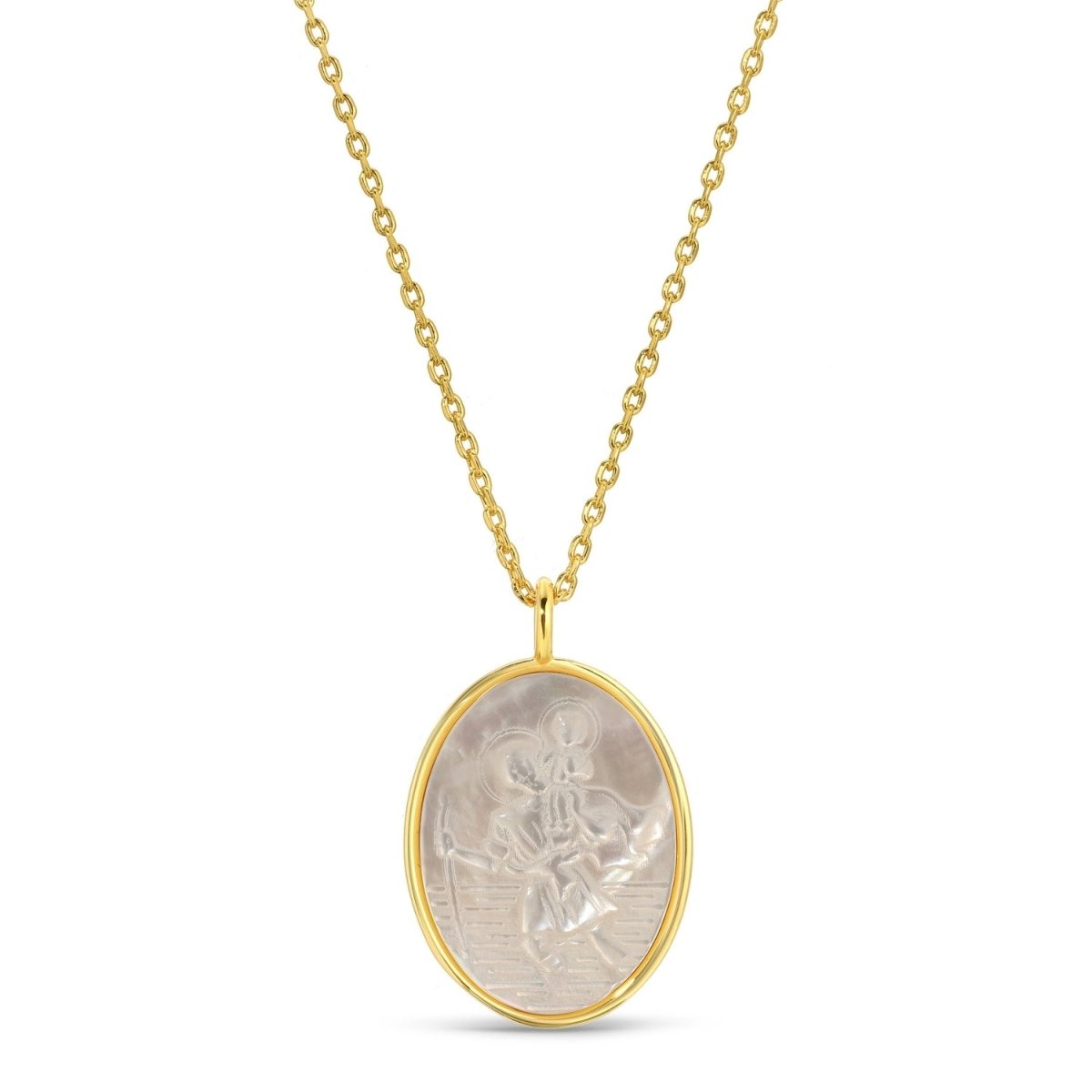 Saint Christopher Etched Shell Oval Pendant Necklace - Splendid Iris