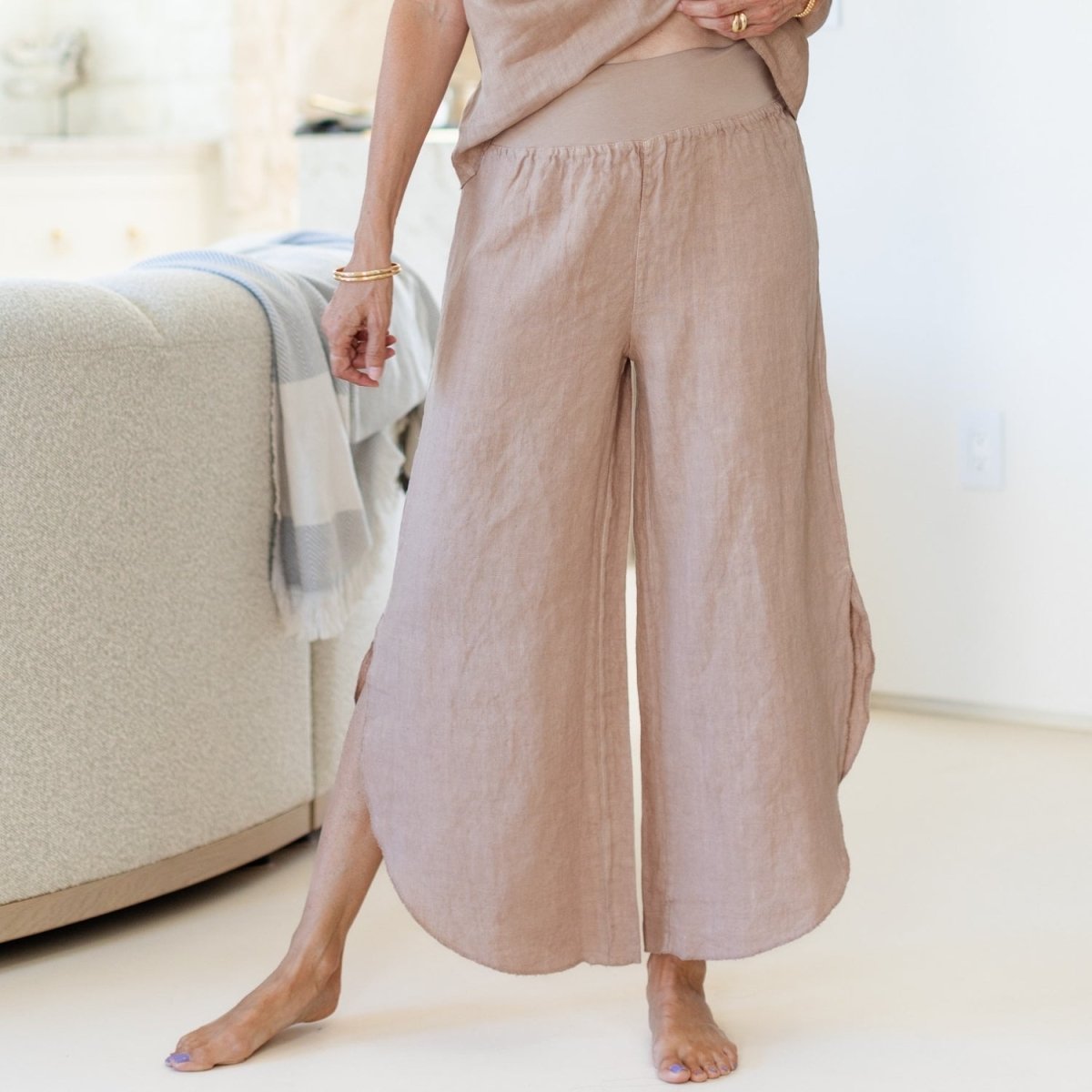 Linen Side Slit Pants - Splendid Iris