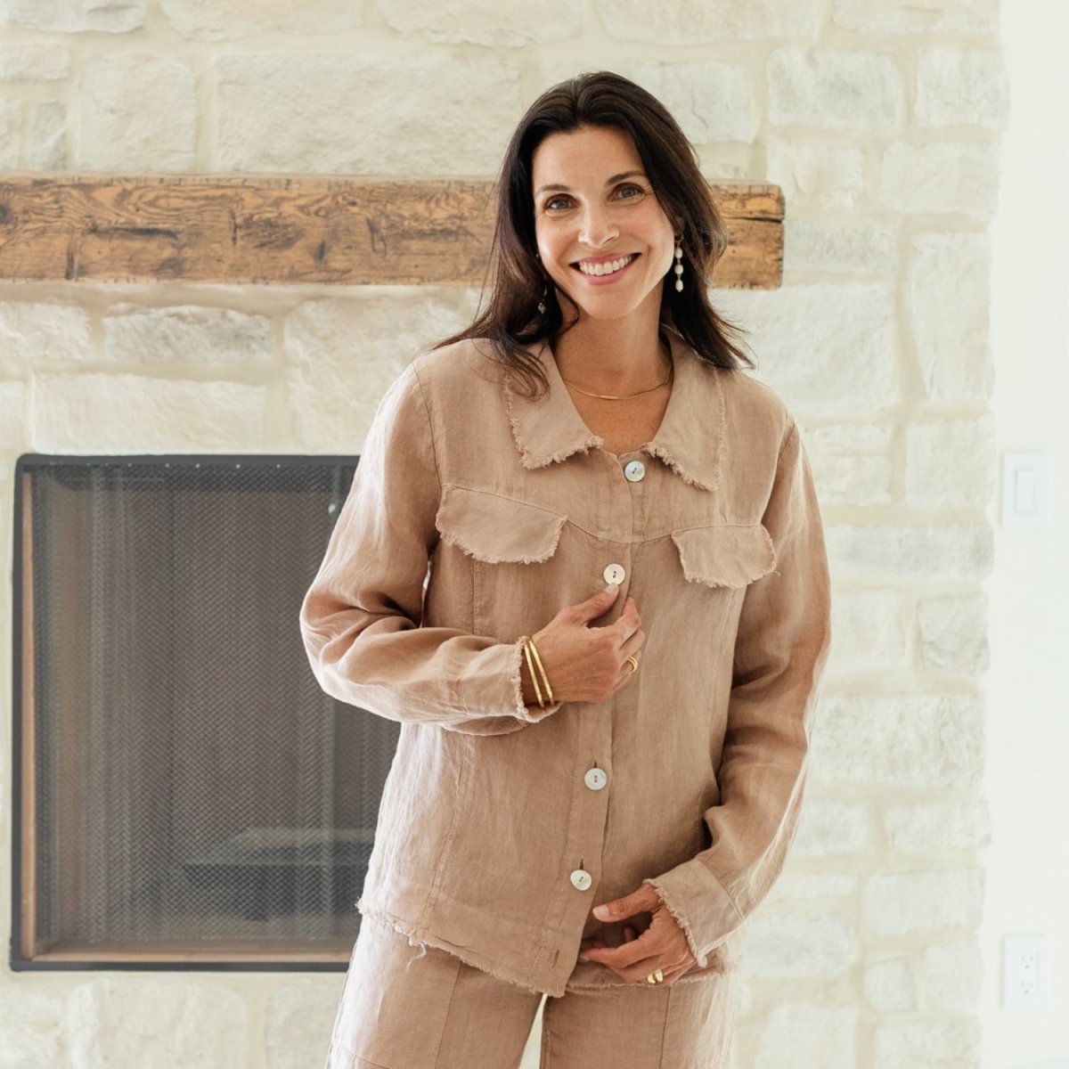 Linen Button Jacket Top w/ Fraying Detail - Splendid Iris