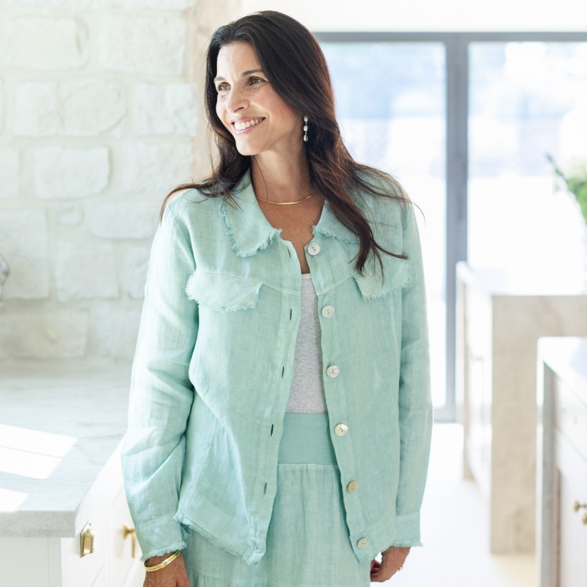 Linen Button Jacket Top w/ Fraying Detail - Splendid Iris