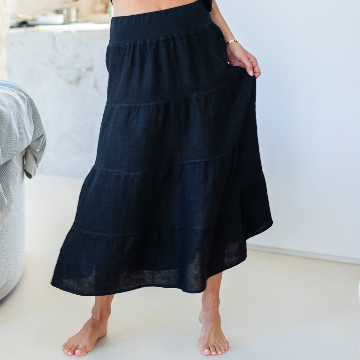 Linen Long Tiered Skirt - Splendid Iris