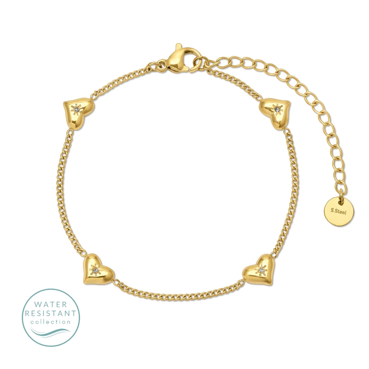 water resistant Gold bracelet with cubic zirconia and heart-shaped charms on a white background