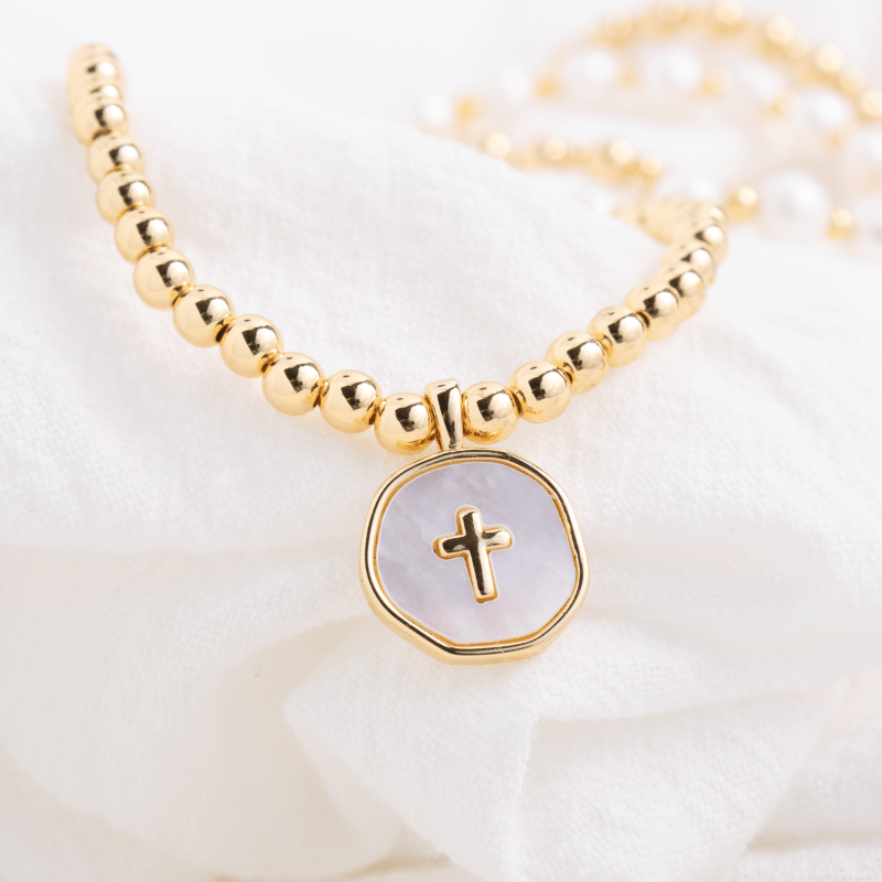 Cross Accented Shell Charm Stretch Bracelet - Splendid Iris